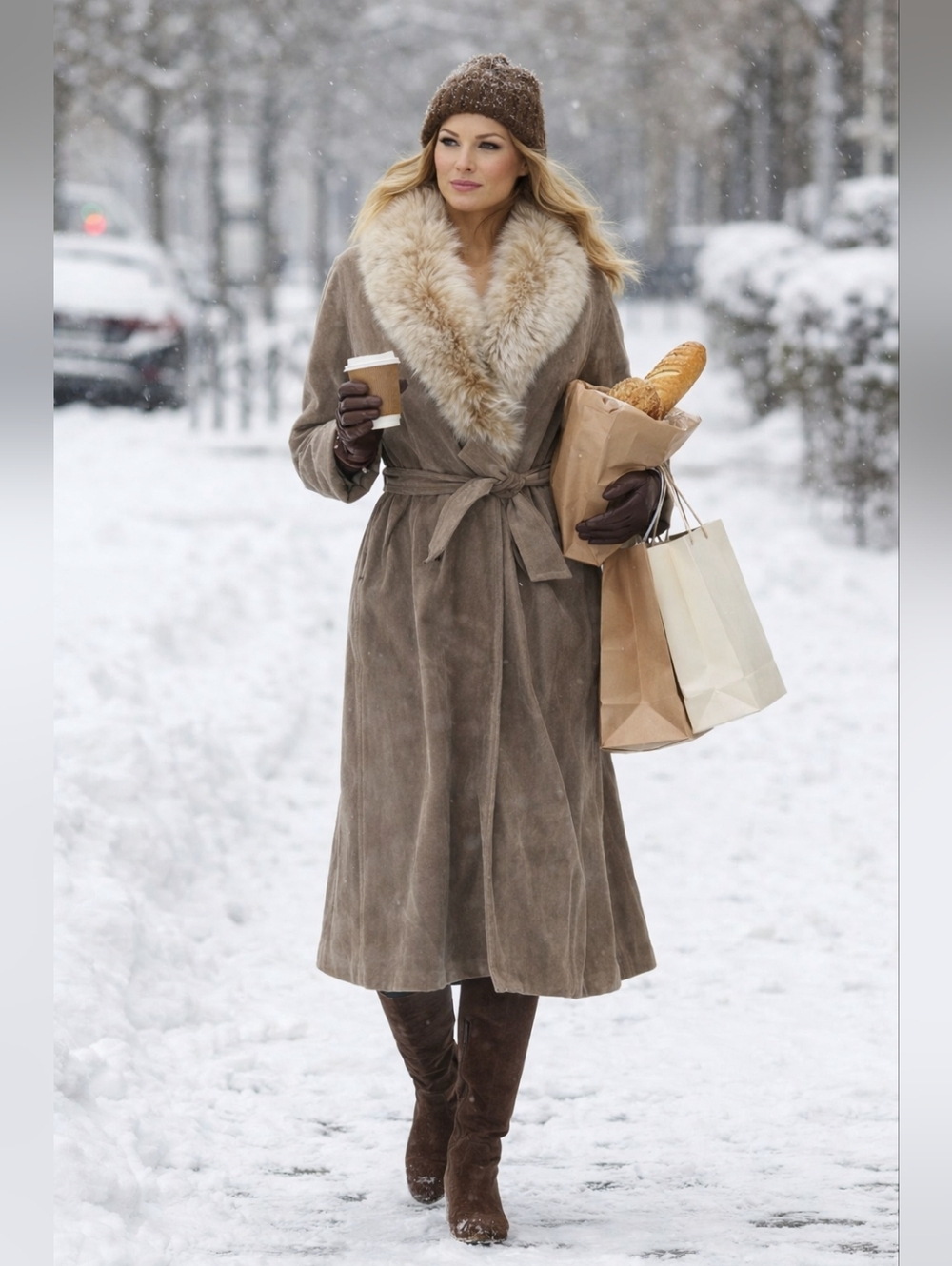 Vintage 70s/80s Penny Lane Suede Leather Wrap Trench Coat Fox Fur Collar M/L